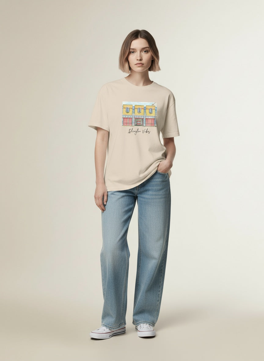 Full body view of the model wearing The Fire Station Tee