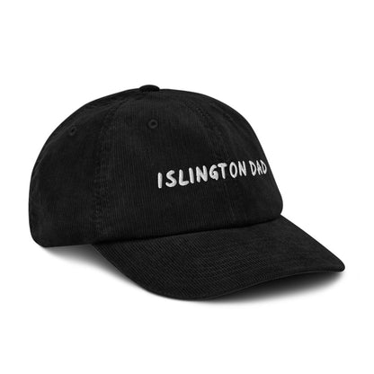 Islington Dad corduroy cap in Black, angled view, white embroidery, Islington Vibes