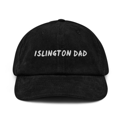 Islington Dad corduroy cap in Black, front view, white embroidery, Islington Vibes