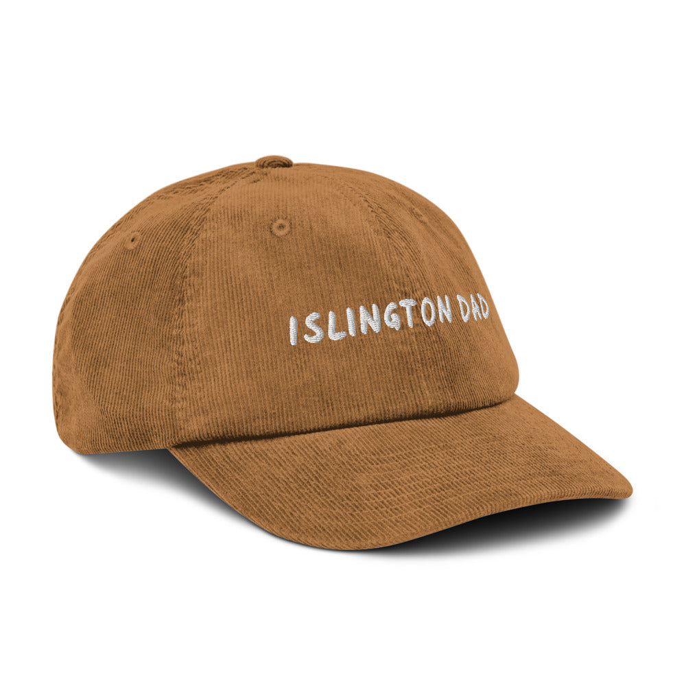 Islington Dad corduroy cap in Camel, angled view, white embroidery, Islington Vibes