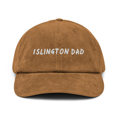 Islington Dad corduroy cap in Camel, front view, white embroidery, Islington Vibes