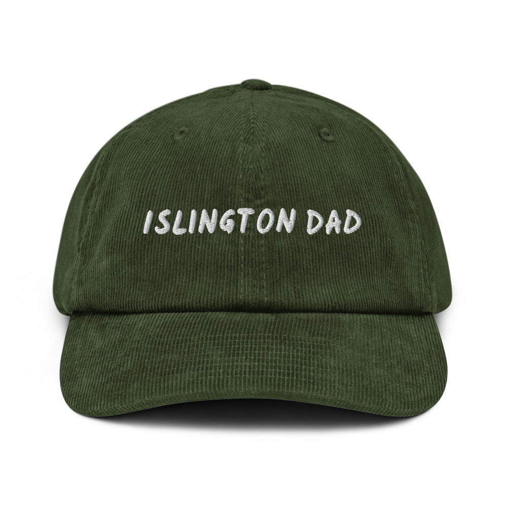 Islington Dad corduroy cap in Dark Olive, front view, white embroidery, Islington Vibes