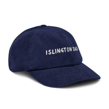Islington Dad corduroy cap in Oxford Navy, angled view, white embroidery, Islington Vibes