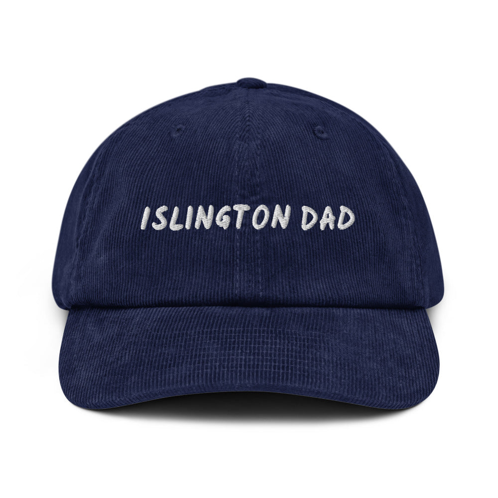 Islington Dad corduroy cap in Oxford Navy, front view, white embroidery, Islington Vibes
