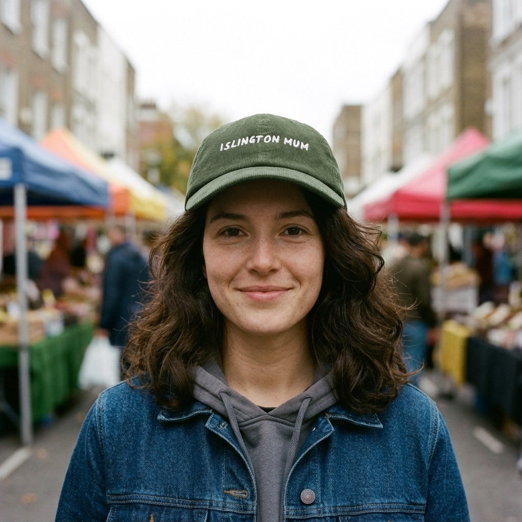 Woman wearing the Islington Mum corduroy cap in Dark Olive at Chapel Market, Islington, North London