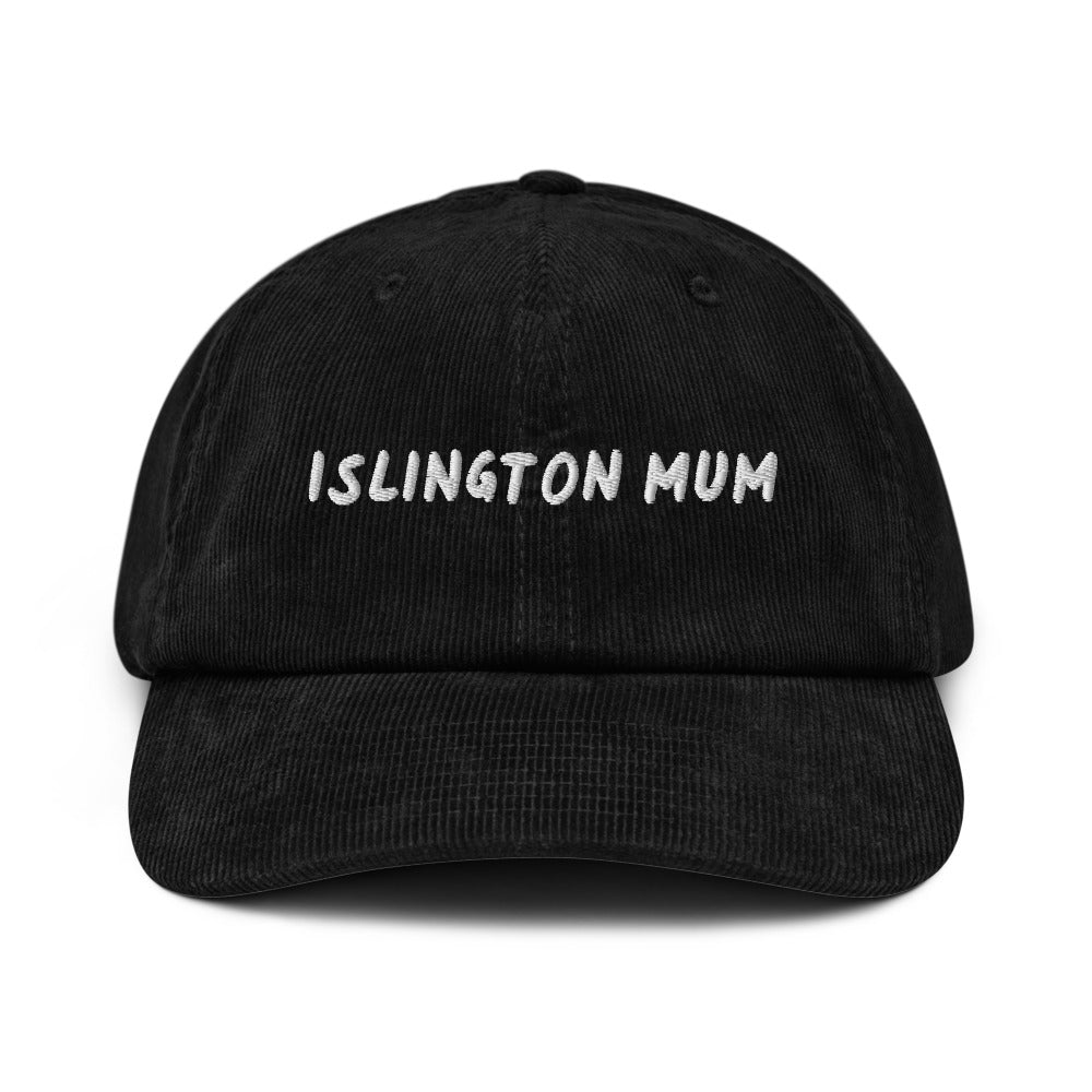 Islington Mum corduroy cap in Black, front view, white embroidery, Islington Vibes