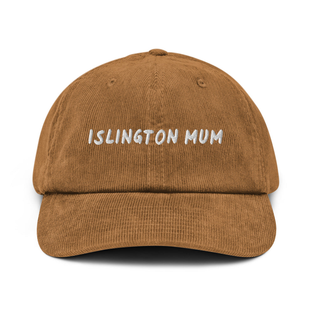 Islington Mum corduroy cap in Camel, front view, white embroidery, Islington Vibes