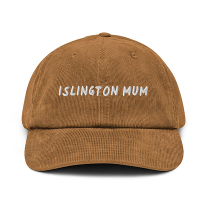 Islington Mum corduroy cap in Camel, front view, white embroidery, Islington Vibes