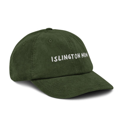 Islington Mum corduroy cap in Dark Olive, angled view, white embroidery, Islington Vibes