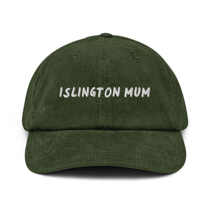 Islington Mum corduroy cap in Dark Olive, front view, white embroidery, Islington Vibes