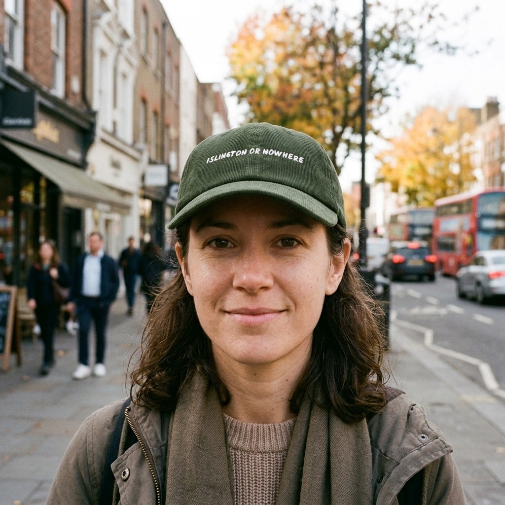 Woman wearing the Islington or Nowhere corduroy cap in Dark Olive on Upper Street, Islington