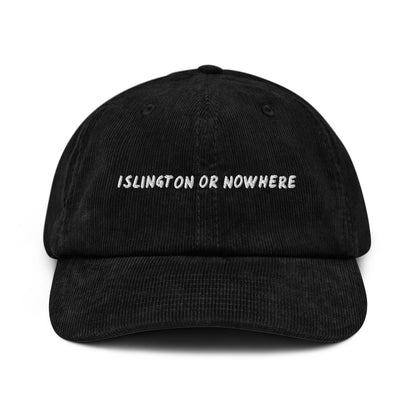 Islington or Nowhere corduroy cap in Black, front view, white embroidery, Islington Vibes