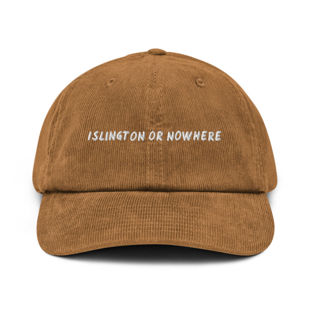 Islington or Nowhere corduroy cap in Camel, front view, white embroidery, Islington Vibes