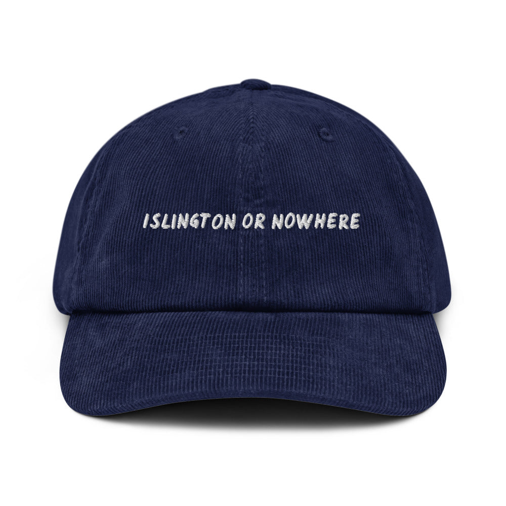 Islington or Nowhere corduroy cap in Oxford Navy, front view, white embroidery, Islington Vibes