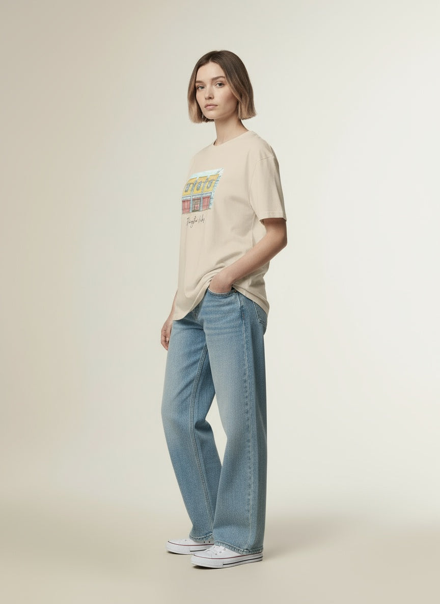 Model wearing The Fire Station Tee