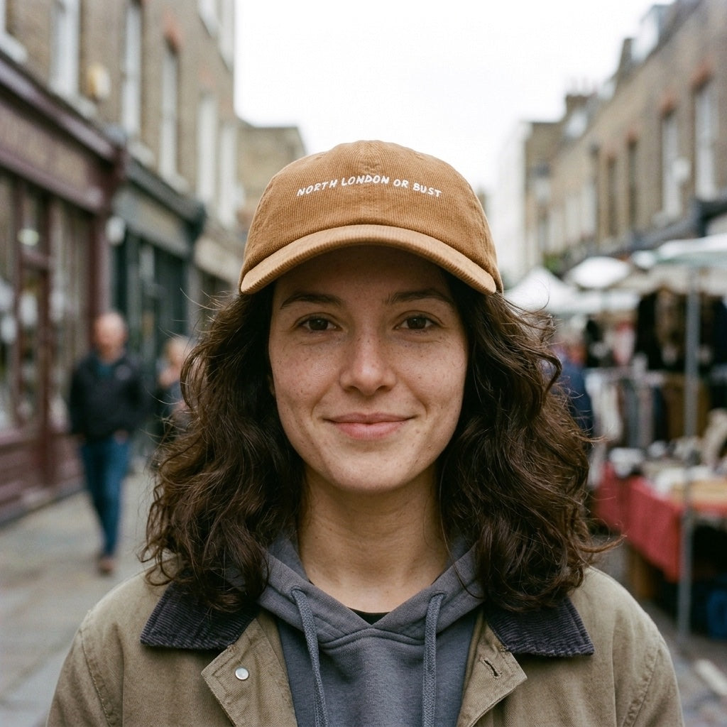 Woman wearing the North London or Bust corduroy cap in Camel in Camden Passage, Islington, North London