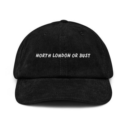 North London or Bust corduroy cap in Black, front view, white embroidery, Islington Vibes