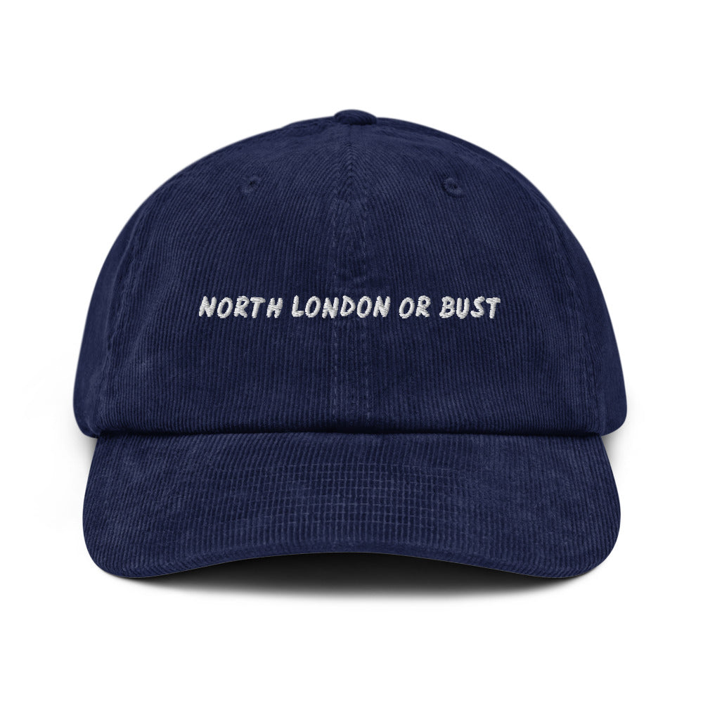North London or Bust corduroy cap in Oxford Navy, front view, white embroidery, Islington Vibes