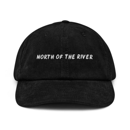 North of the River corduroy cap in Black, front view, white embroidery, Islington Vibes