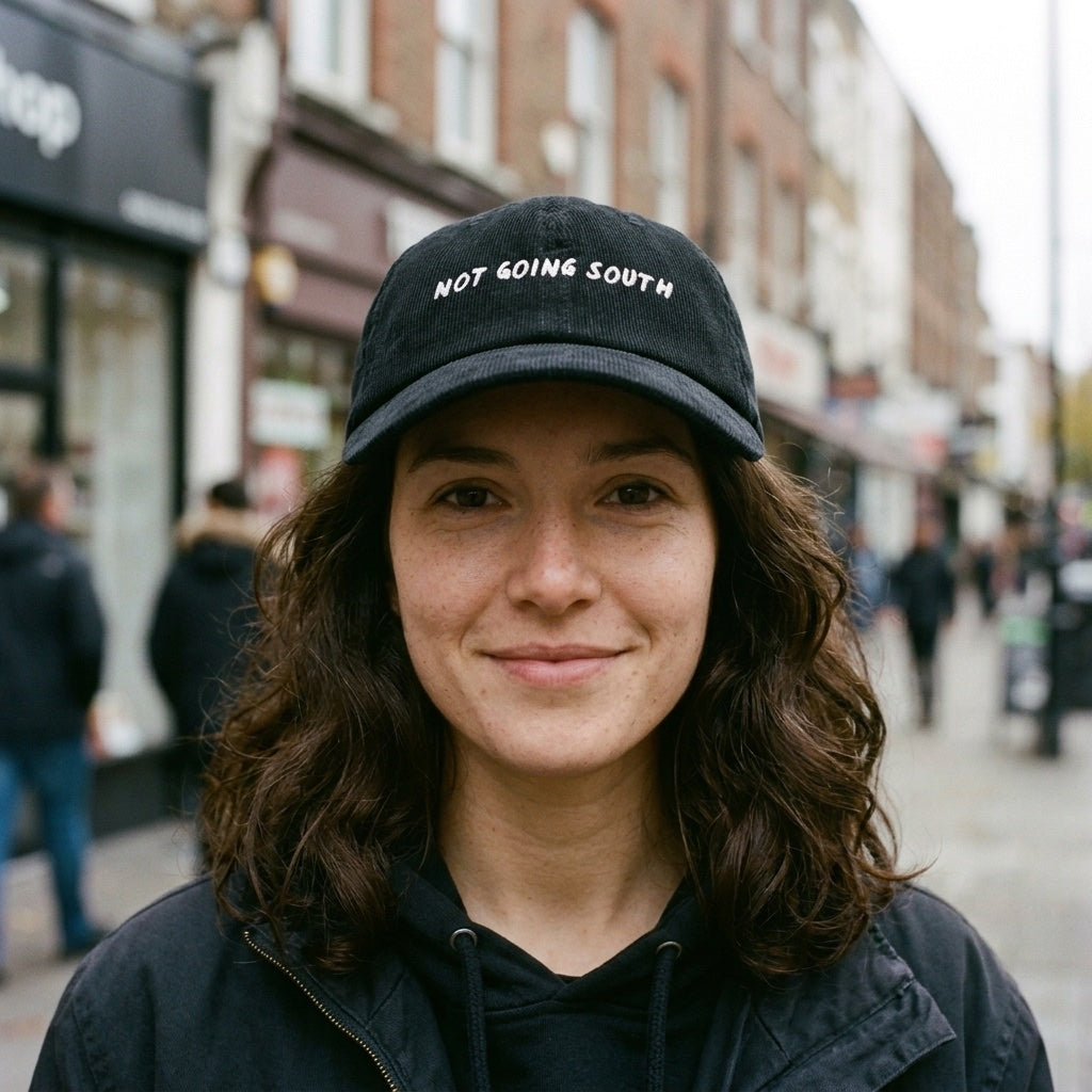 Woman wearing the Not Going South corduroy cap in Black on Upper Street, Islington, North London