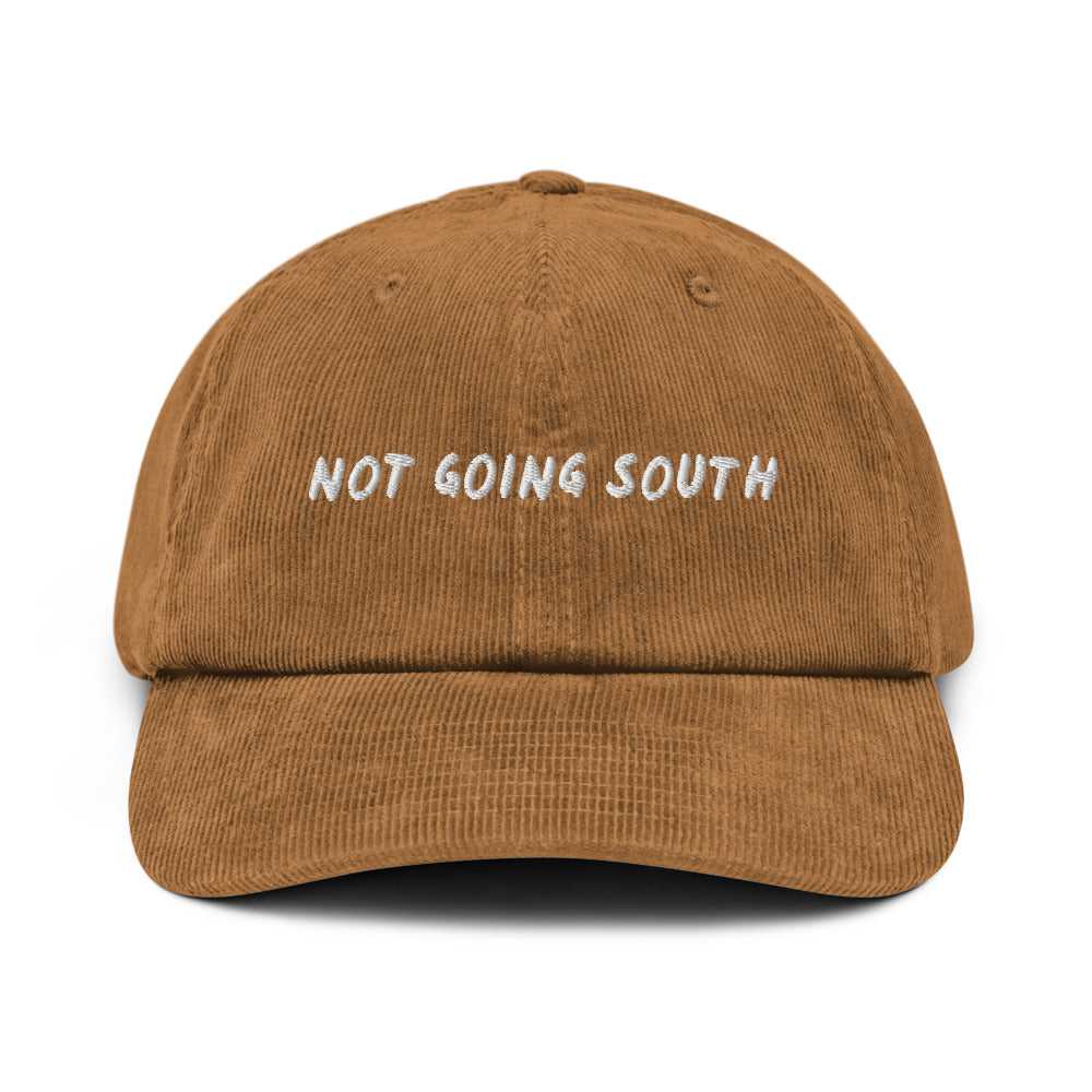 Not Going South corduroy cap in Camel, front view, white embroidery, Islington Vibes