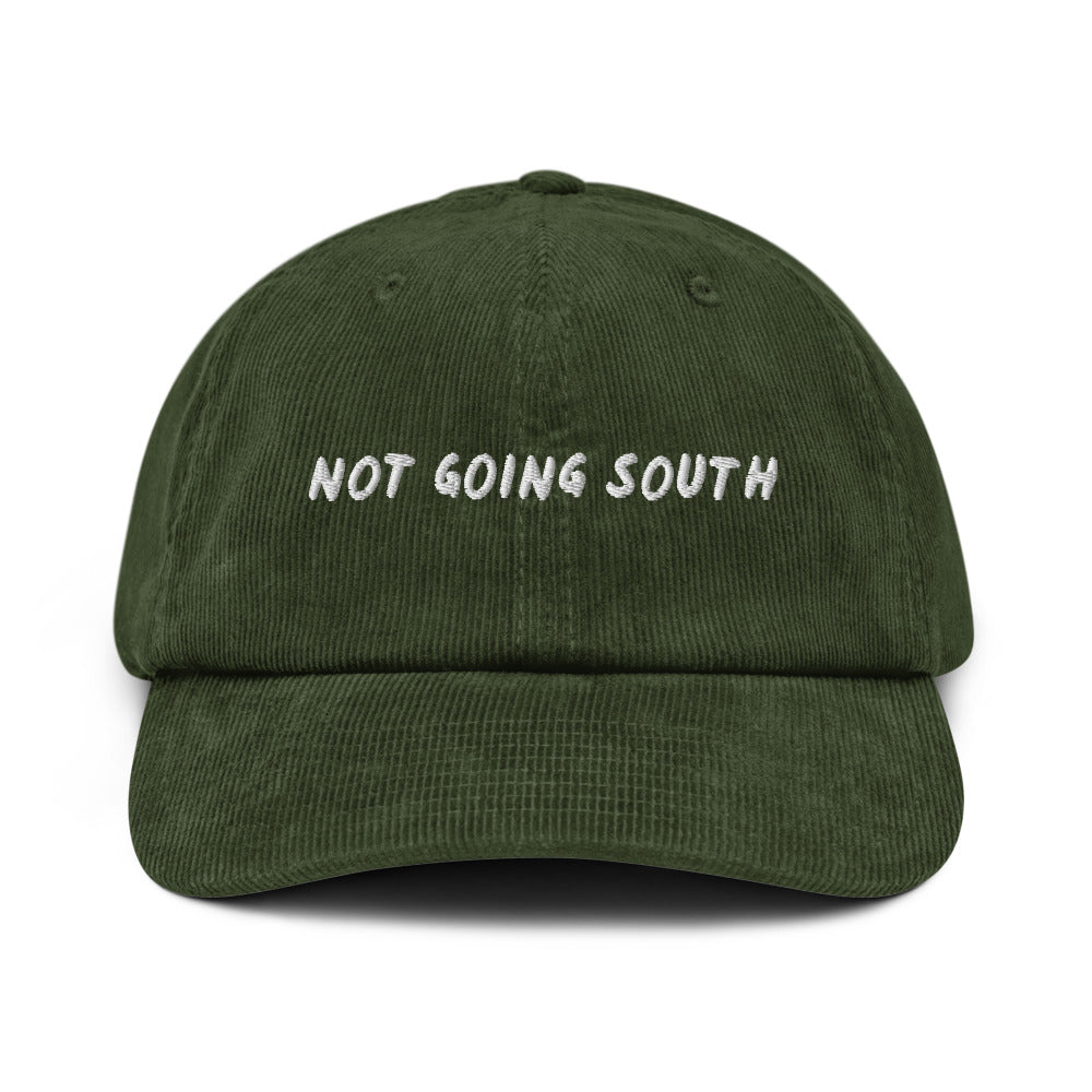 Not Going South corduroy cap in Dark Olive, front view, white embroidery, Islington Vibes