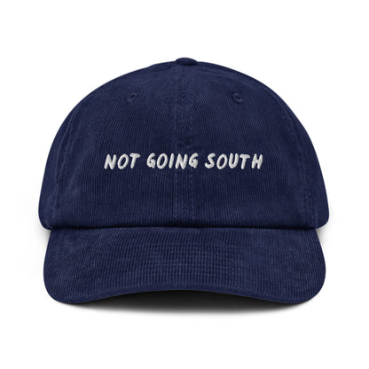 Not Going South corduroy cap in Oxford Navy, front view, white embroidery, Islington Vibes