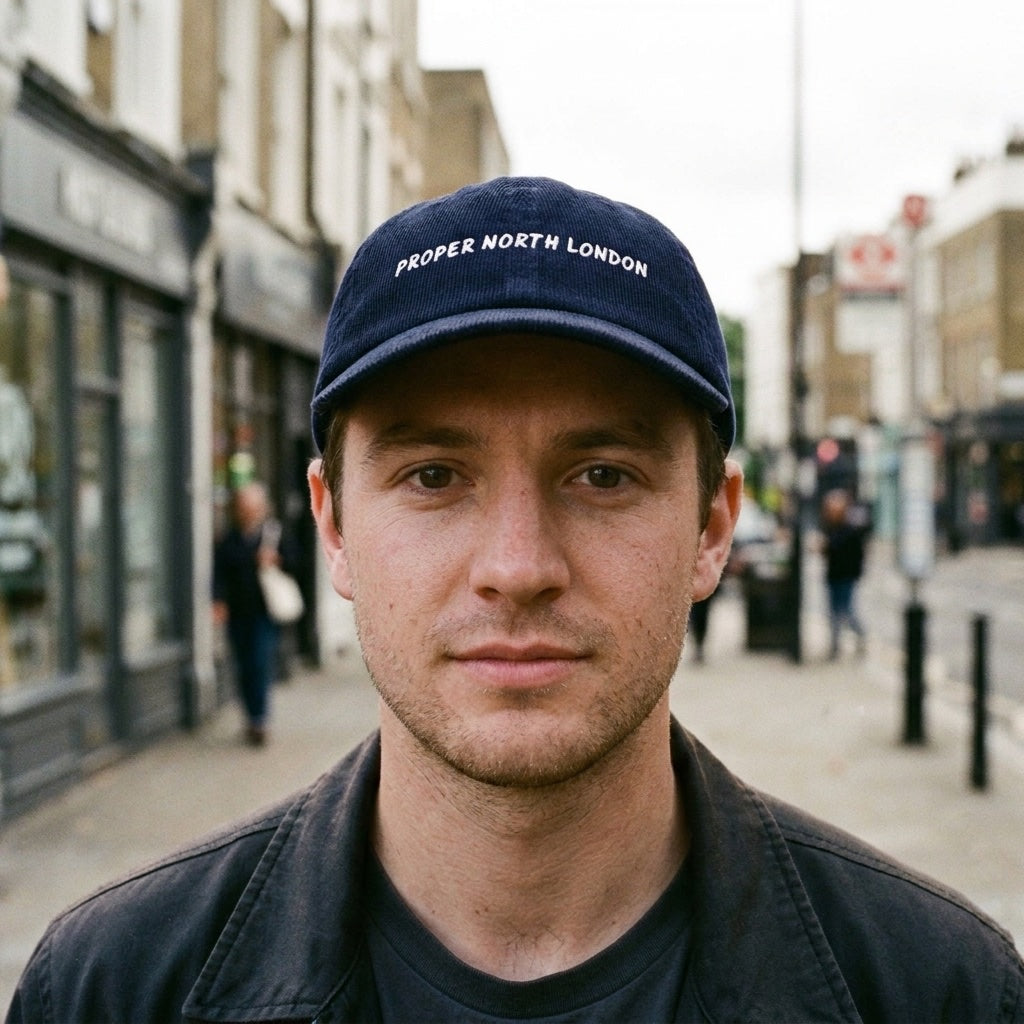 Man wearing the Proper North London corduroy cap in Oxford Navy on Essex Road, Islington, North London
