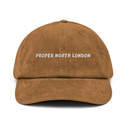 Proper North London corduroy cap in Camel, front view, white embroidery, Islington Vibes