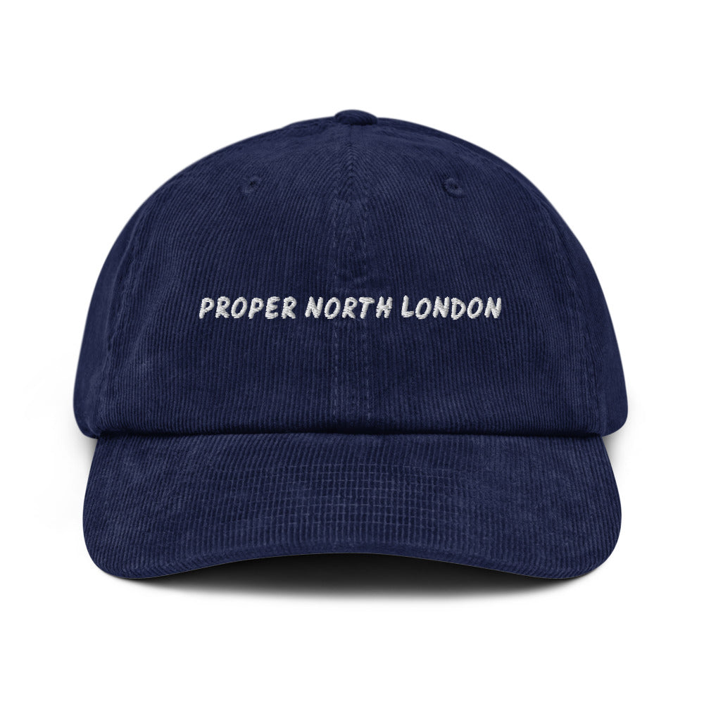 Proper North London corduroy cap in Oxford Navy, front view, white embroidery, Islington Vibes