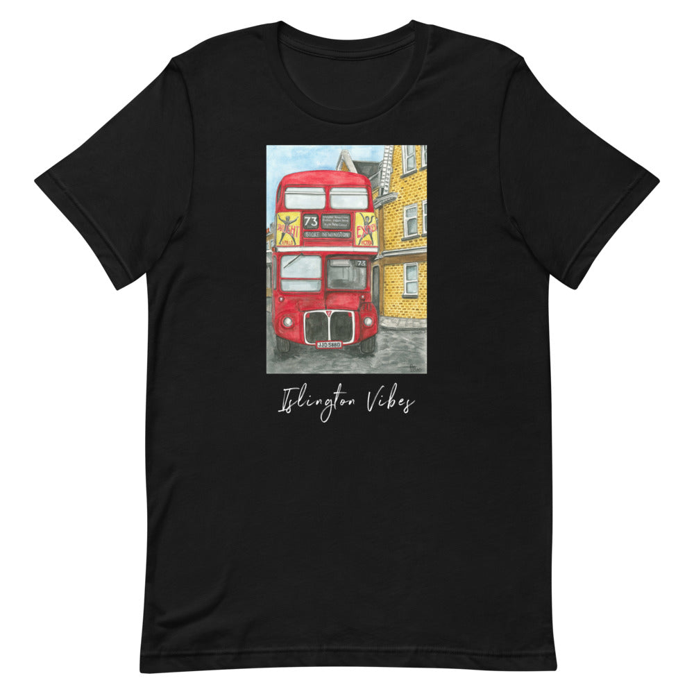 The 73 Premium Tee in black, flat front view with the red 73 bus illustration