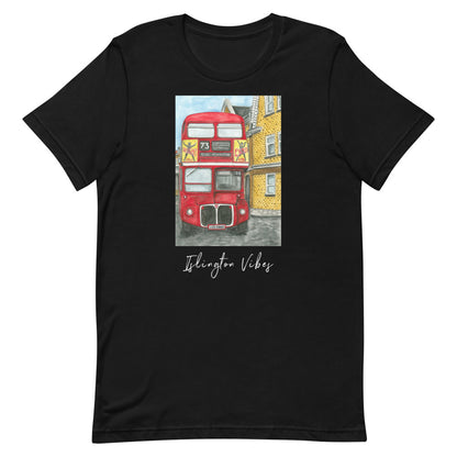 The 73 Premium Tee in black, flat front view with the red 73 bus illustration