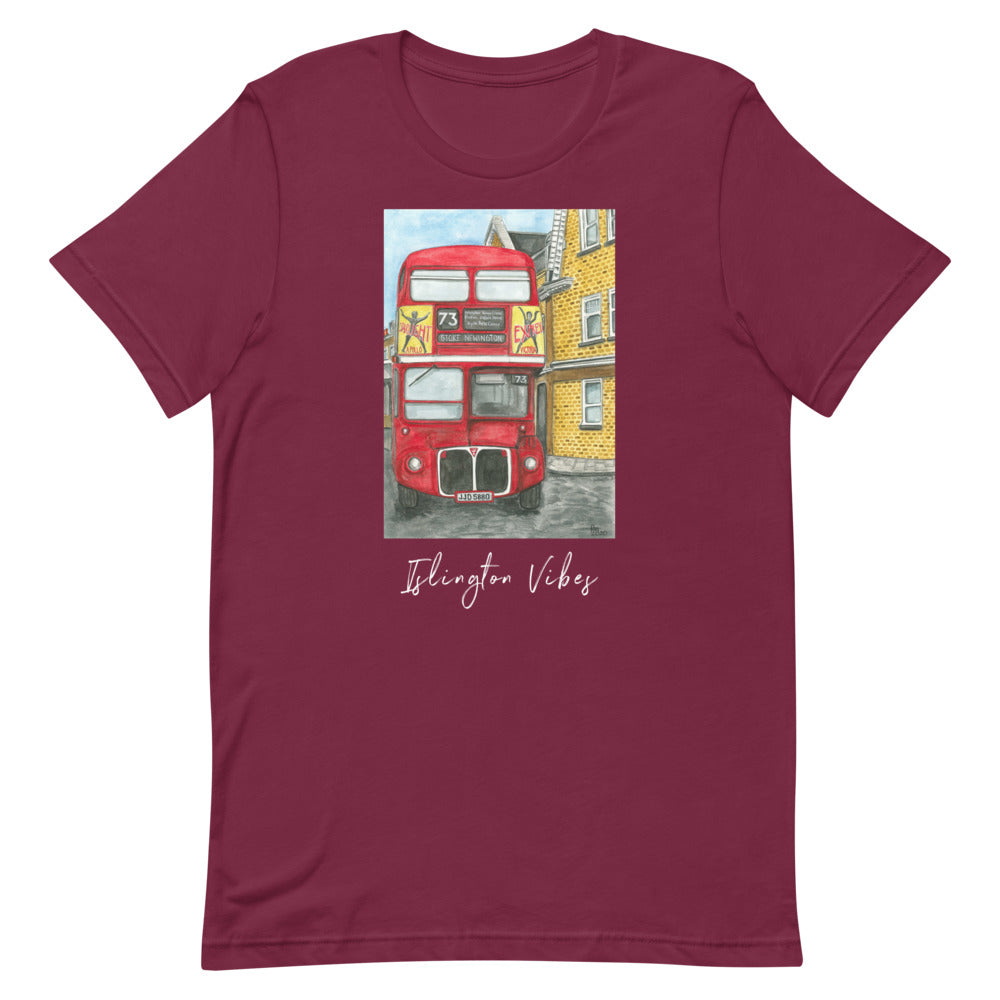The 73 Premium Tee in maroon, flat front view with the red 73 bus illustration
