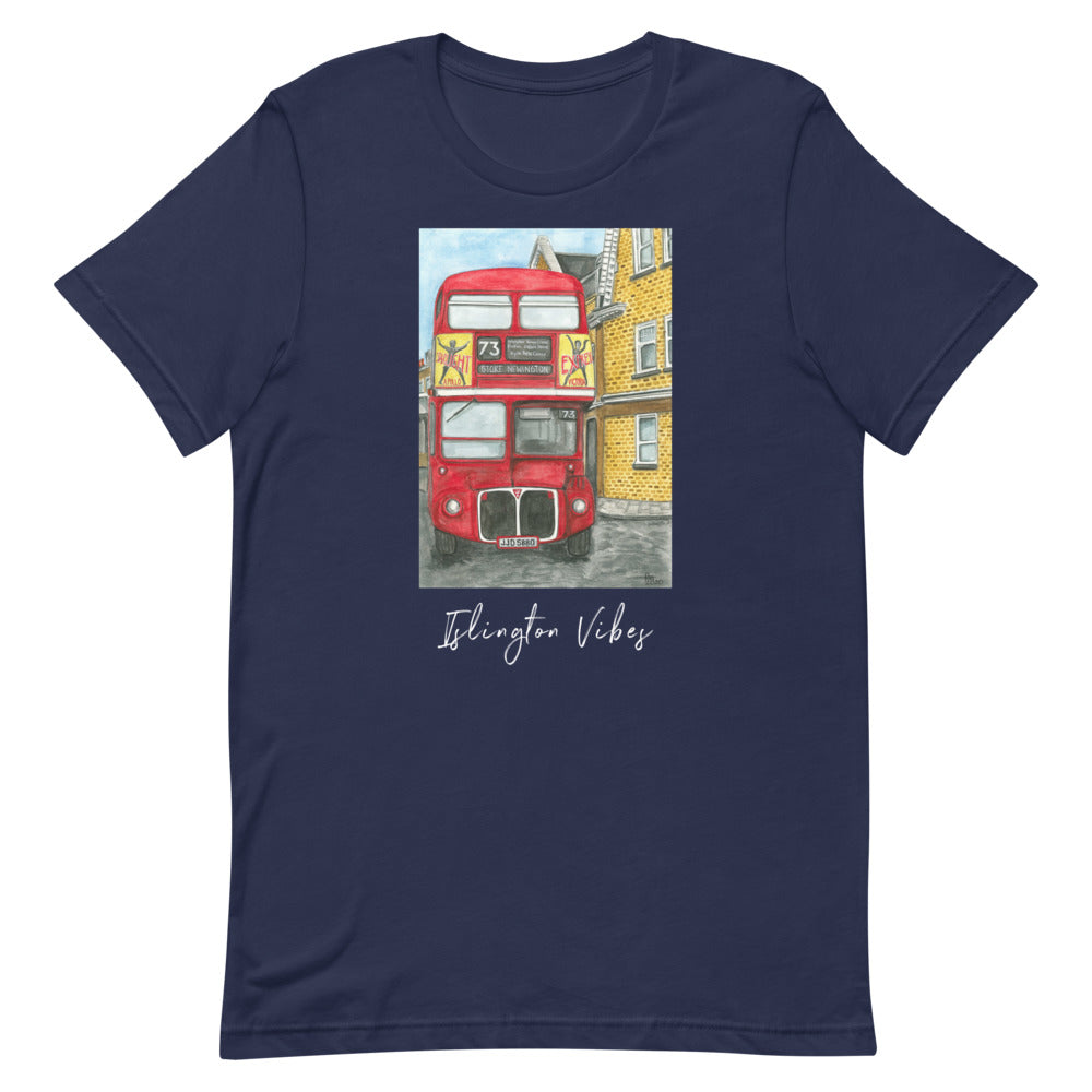 The 73 Premium Tee in navy, flat front view with the red 73 bus illustration