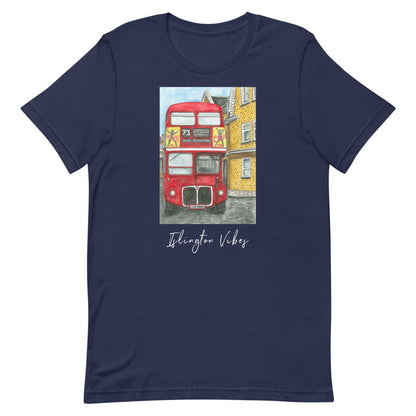 The 73 Premium Tee in navy, flat front view with the red 73 bus illustration