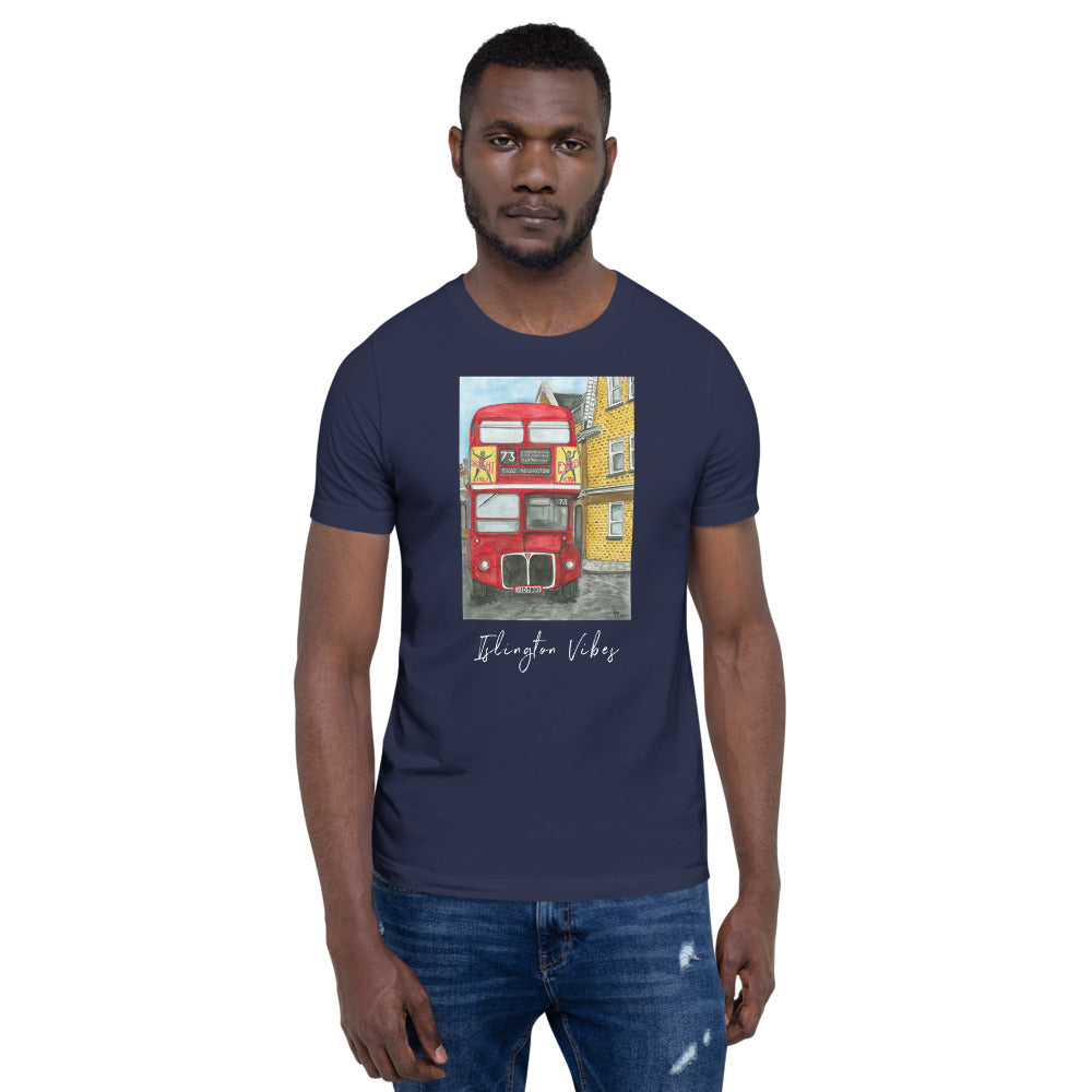 Model wearing The 73 Premium Tee in navy, front view